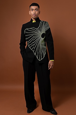 Black Polyester Abstract Machine Embroidered Bandhgala Set by CHANDRESH NATHANI