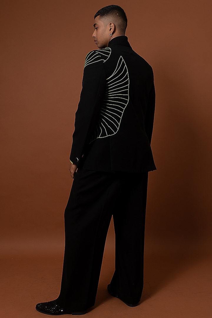 Black Polyester Abstract Machine Embroidered Wedding Bandhgala Set by CHANDRESH NATHANI at Pernia's Pop Up Shop
