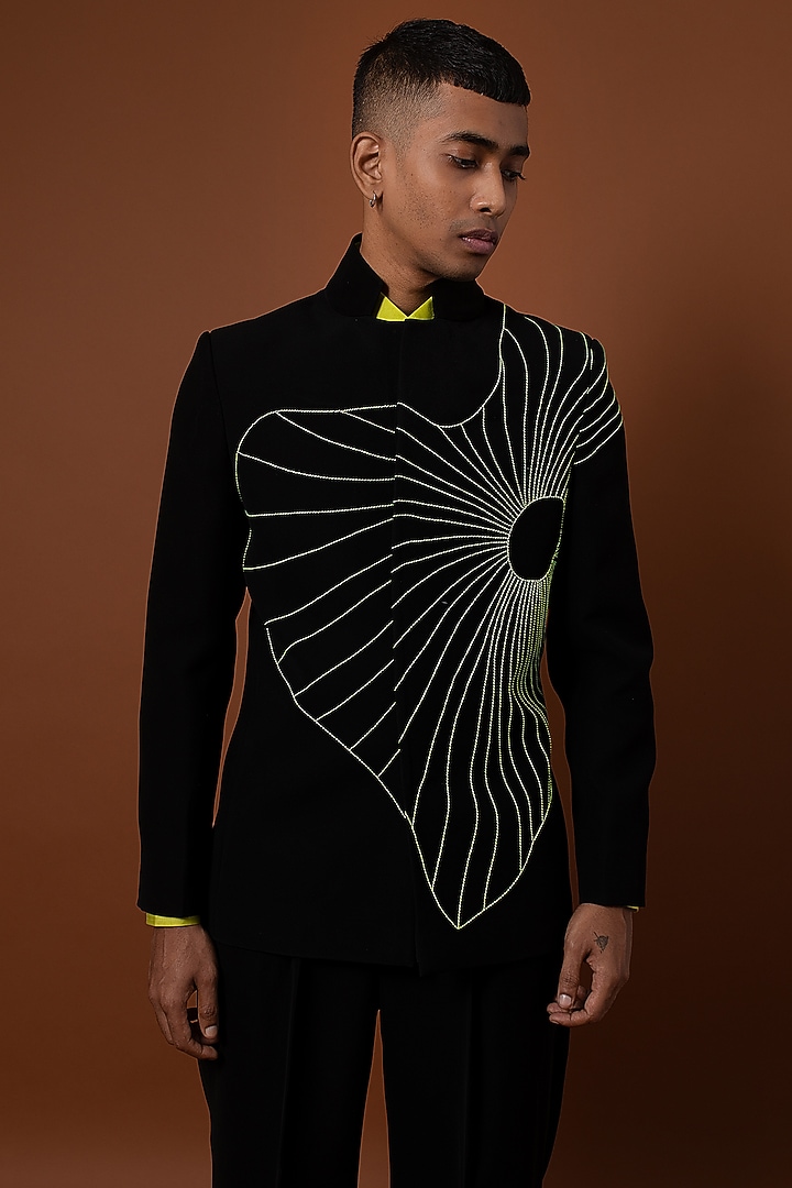 Black Polyester Abstract Machine Embroidered Wedding Bandhgala Set by CHANDRESH NATHANI at Pernia's Pop Up Shop