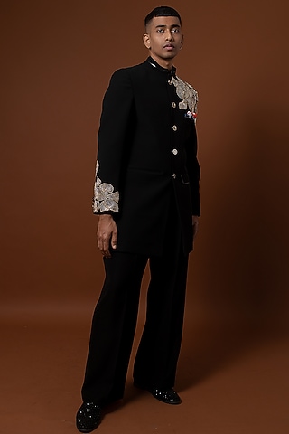 Black Polyester Zardosi Hand Embroidered Sherwani Set by CHANDRESH NATHANI