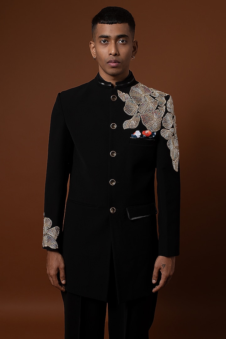 Black Polyester Zardosi Hand Embroidered Wedding Sherwani Set by CHANDRESH NATHANI at Pernia's Pop Up Shop