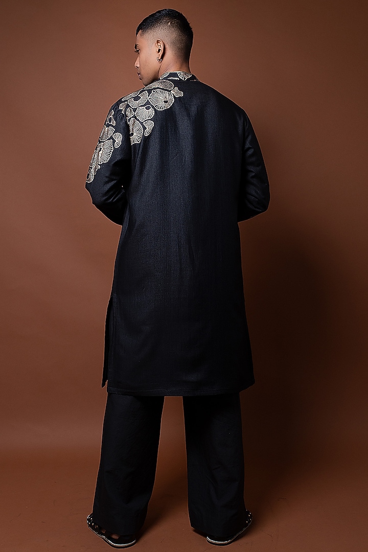Black Silk Hand Block Printed Kurta Set by CHANDRESH NATHANI at Pernia's Pop Up Shop