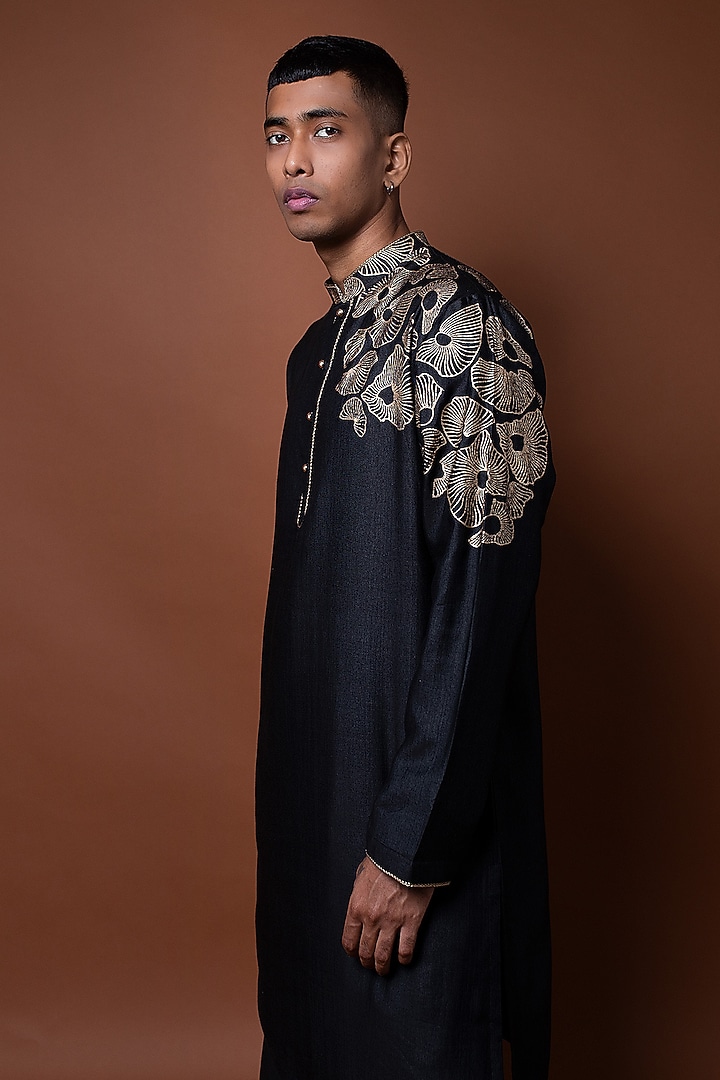 Black Silk Hand Block Printed Kurta Set by CHANDRESH NATHANI at Pernia's Pop Up Shop