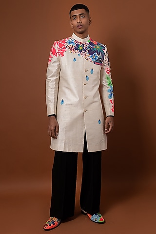Ivory Raw Silk Acrylic Hand Painted Sherwani Set by CHANDRESH NATHANI