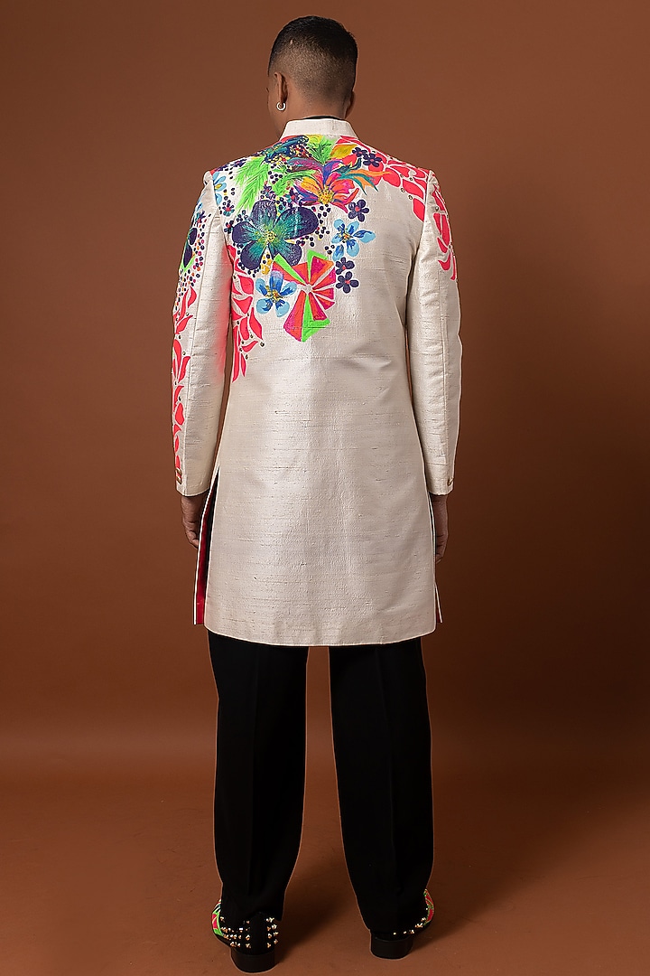 Ivory Raw Silk Acrylic Hand Painted Wedding Sherwani Set by CHANDRESH NATHANI at Pernia's Pop Up Shop