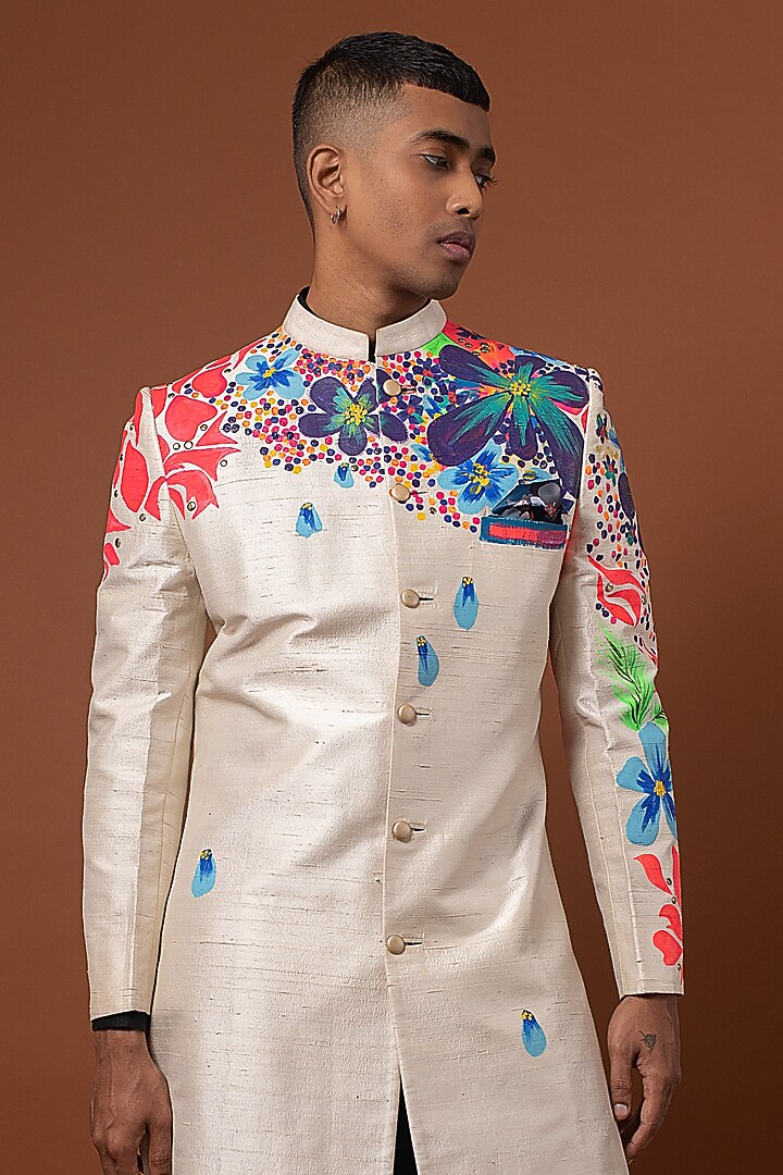 Ivory Raw Silk Acrylic Hand Painted Wedding Sherwani Set by CHANDRESH NATHANI at Pernia's Pop Up Shop