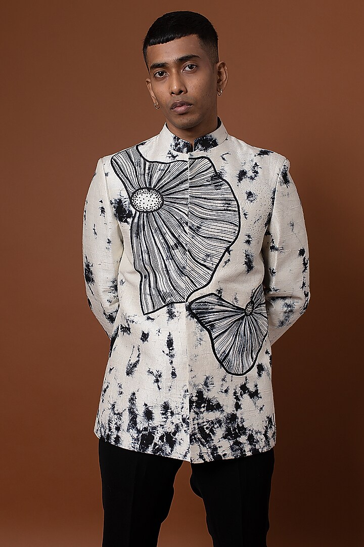 Ivory Raw Silk Thread Embroidered Tie-Dye Wedding Bandhgala Set by CHANDRESH NATHANI at Pernia's Pop Up Shop