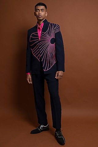 Blue Polyester Abstract Machine Embroidered Bandhgala Set by CHANDRESH NATHANI