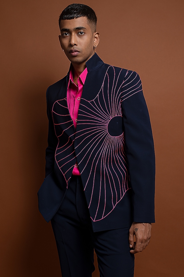 Blue Polyester Abstract Machine Embroidered Wedding Bandhgala Set by CHANDRESH NATHANI at Pernia's Pop Up Shop