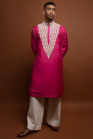 Pink Silk Zardosi Hand Embroidered Kurta Set by CHANDRESH NATHANI