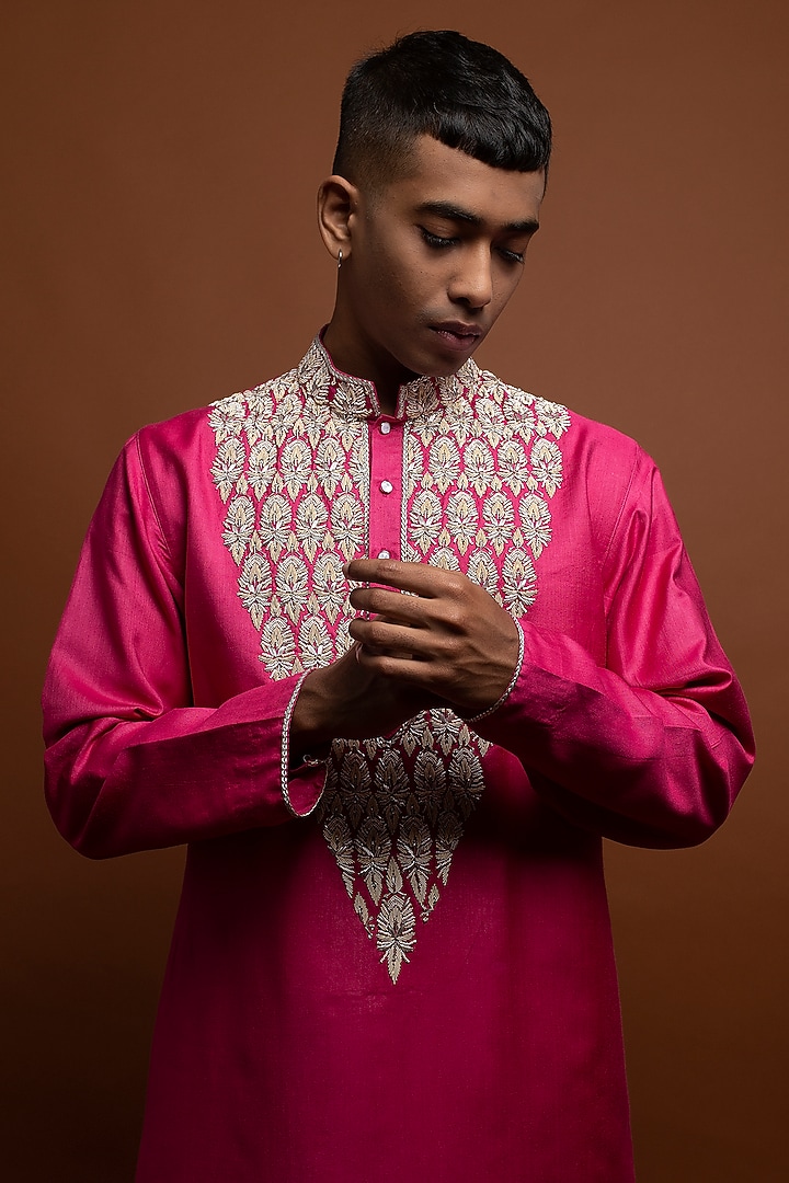 Pink Silk Zardosi Hand Embroidered Kurta Set by CHANDRESH NATHANI at Pernia's Pop Up Shop