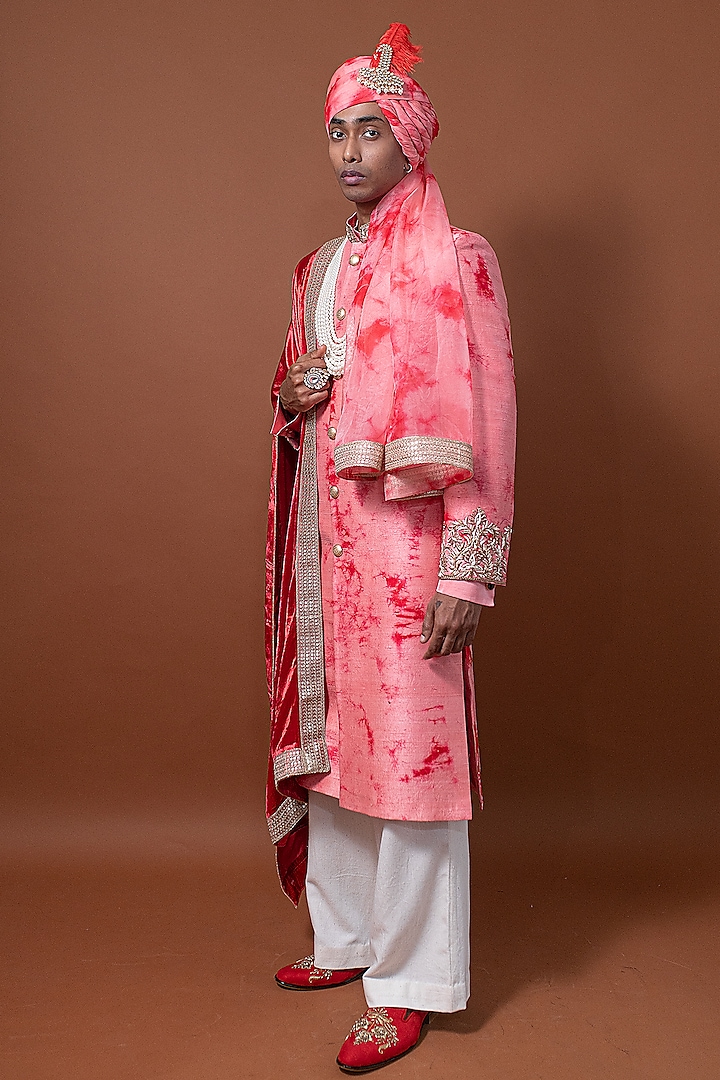 Pink Raw Silk Zardosi Hand Embroidered Tie-Dye Sherwani Set by CHANDRESH NATHANI