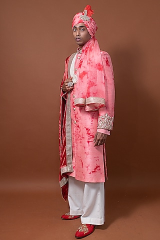 Pink Raw Silk Zardosi Hand Embroidered Tie-Dye Sherwani Set by CHANDRESH NATHANI