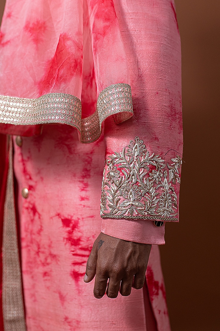 Pink Raw Silk Zardosi Hand Embroidered Tie-Dye Wedding Sherwani Set by CHANDRESH NATHANI at Pernia's Pop Up Shop