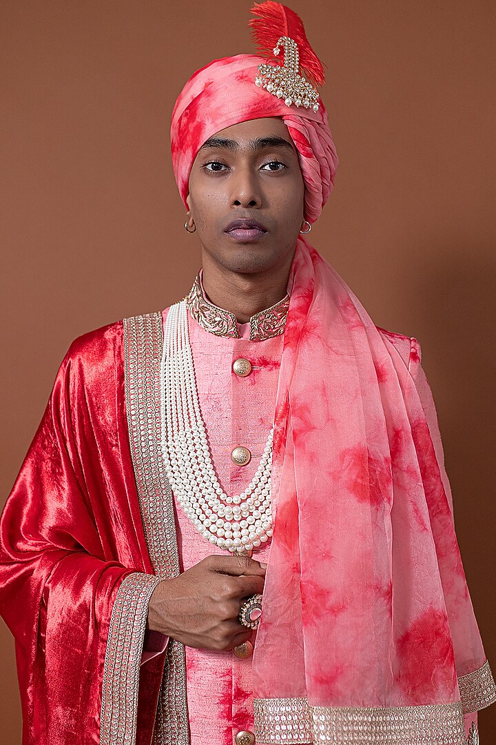 Pink Raw Silk Zardosi Hand Embroidered Tie-Dye Wedding Sherwani Set by CHANDRESH NATHANI at Pernia's Pop Up Shop