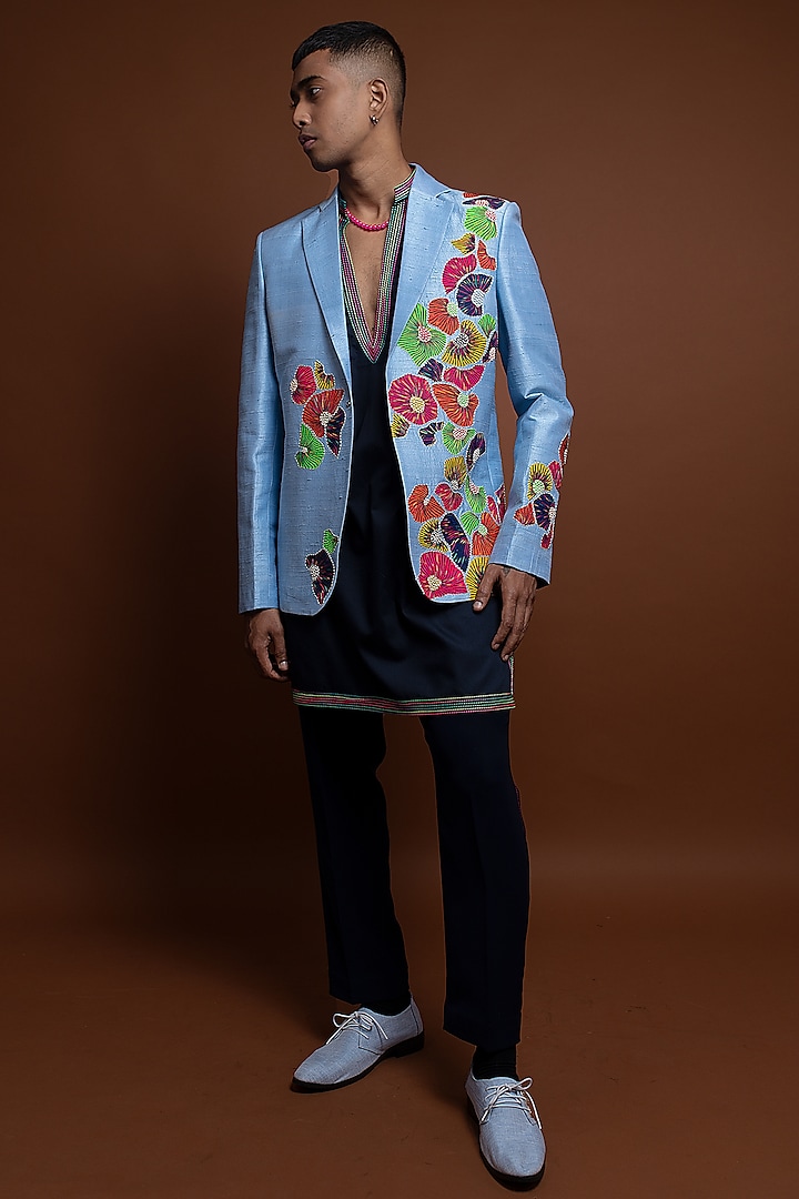 Blue Raw Silk Floral Hand Painted Blazer Set by CHANDRESH NATHANI