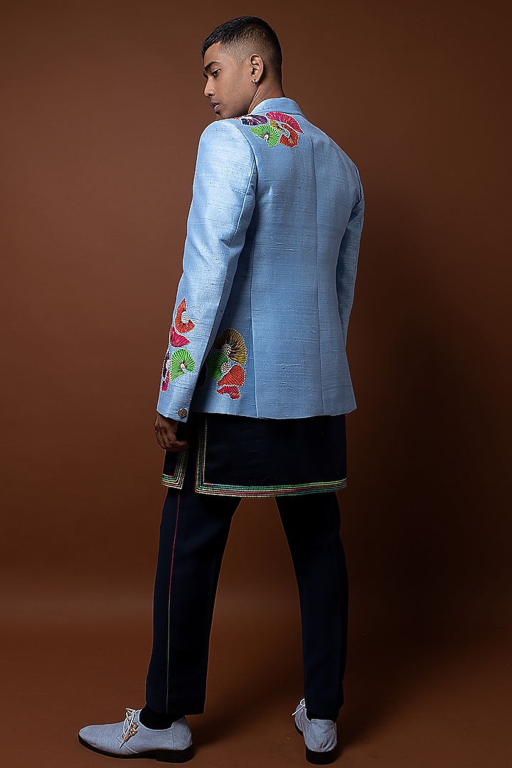 Blue Raw Silk Floral Hand Painted Blazer Set by CHANDRESH NATHANI at Pernia's Pop Up Shop