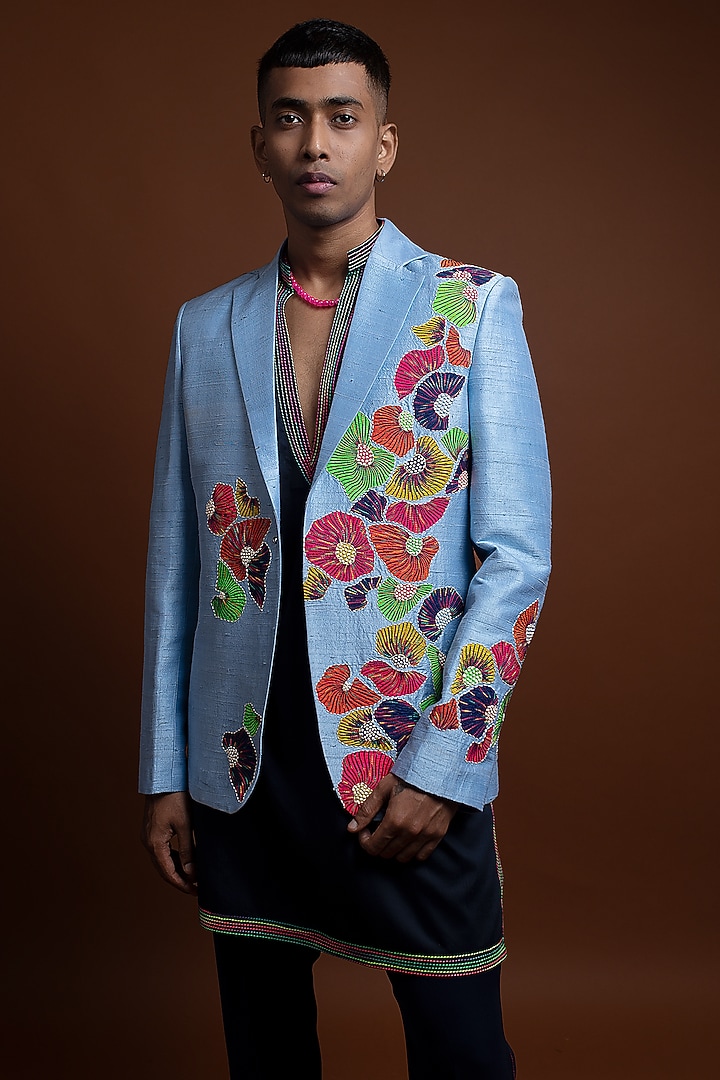 Blue Raw Silk Floral Hand Painted Blazer Set by CHANDRESH NATHANI