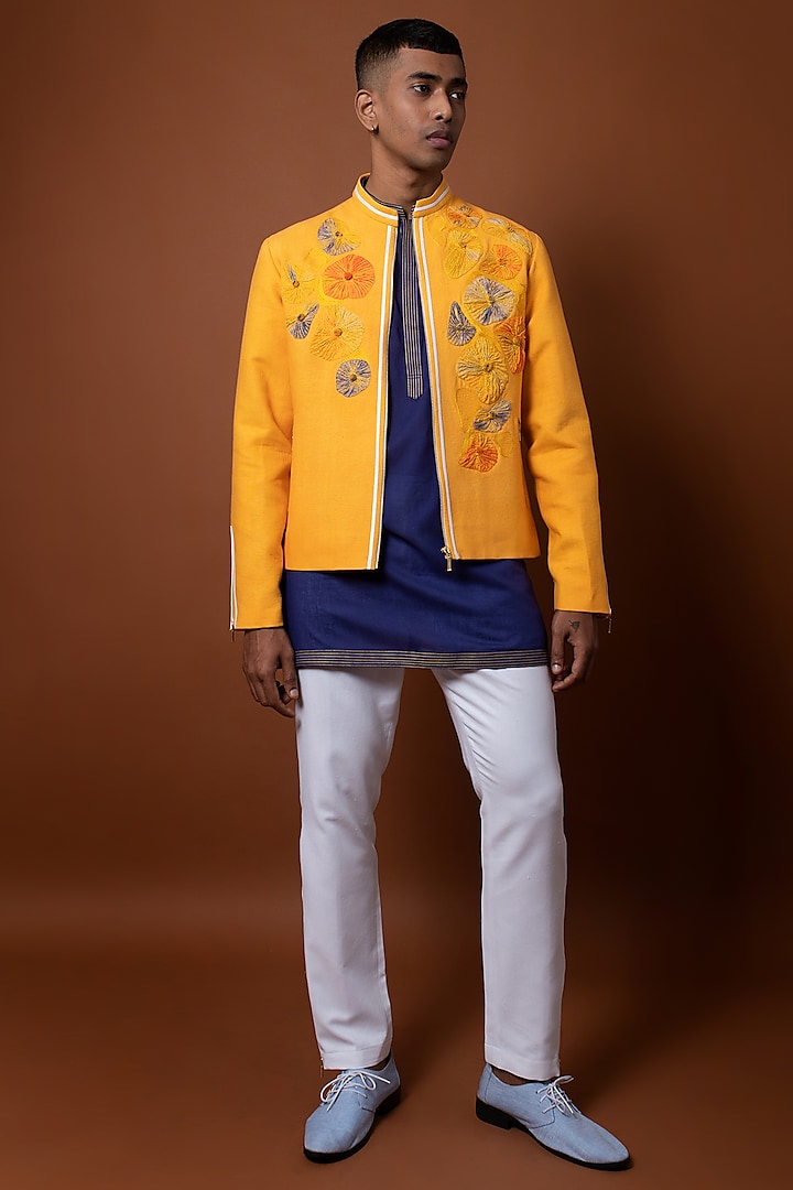 Yellow Khadi Cotton Floral Applique Work Indo-Western Jacket Set by CHANDRESH NATHANI