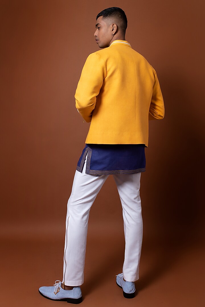 Yellow Khadi Cotton Floral Applique Work Indo-Western Jacket Set by CHANDRESH NATHANI at Pernia's Pop Up Shop