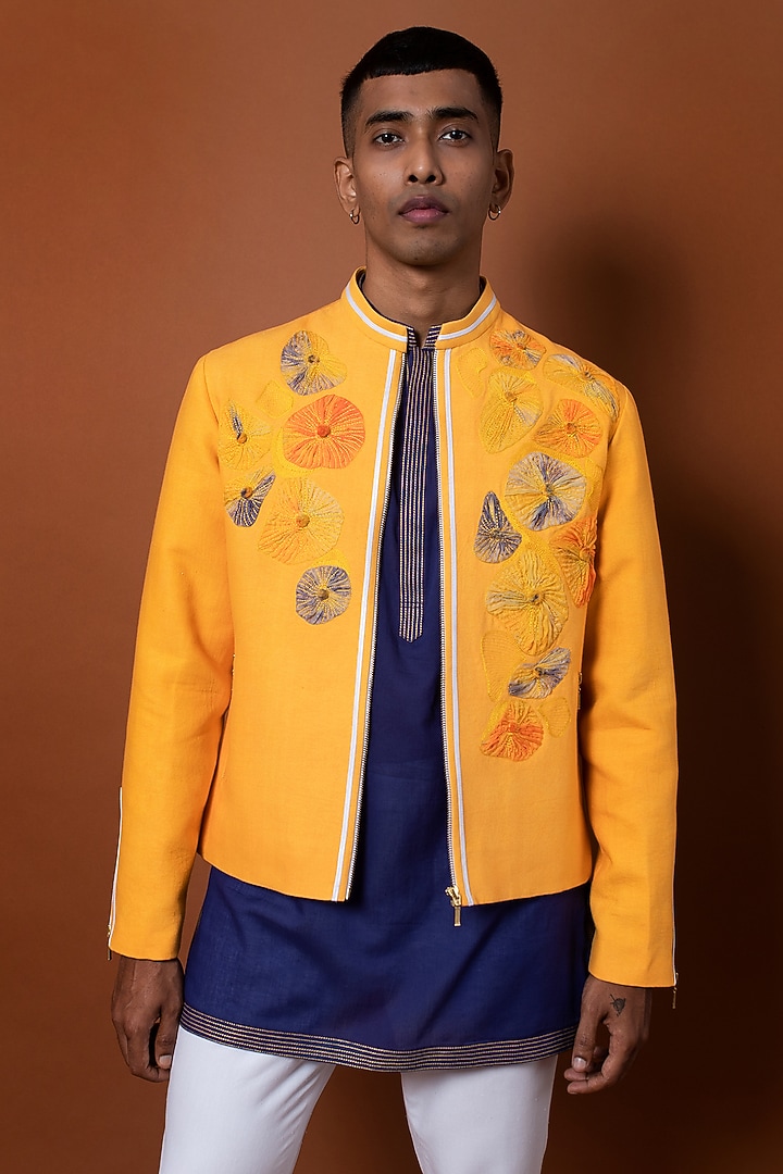 Yellow Khadi Cotton Floral Applique Work Indo-Western Jacket Set by CHANDRESH NATHANI at Pernia's Pop Up Shop