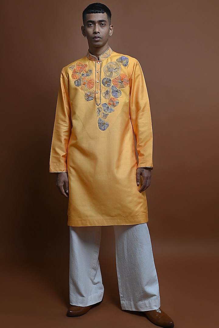 Yellow Silk Zardosi Hand Embroidered Kurta Set by CHANDRESH NATHANI at Pernia's Pop Up Shop