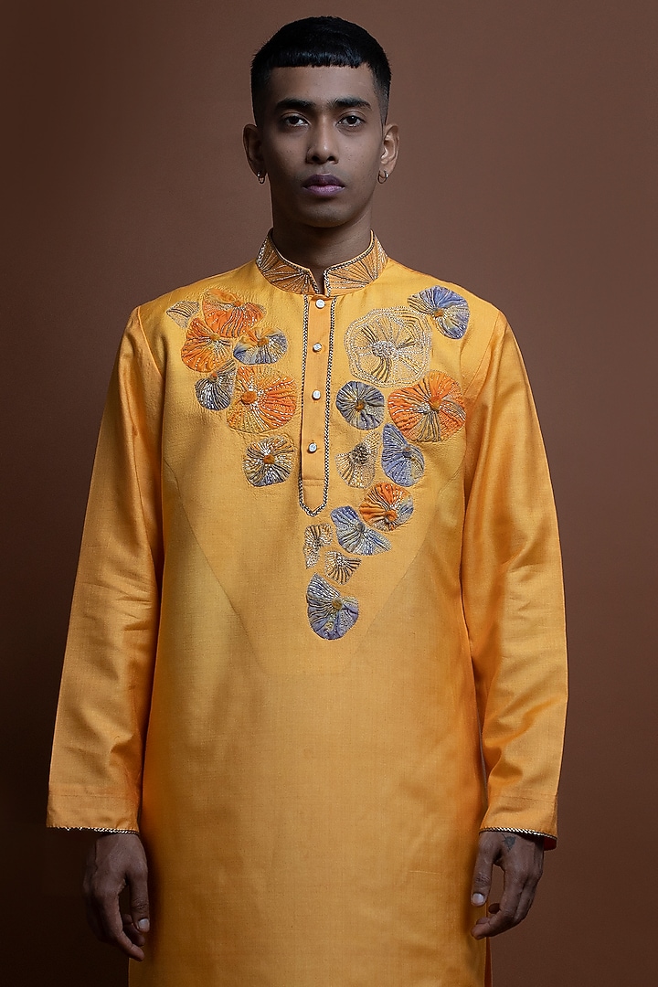 Yellow Silk Zardosi Hand Embroidered Kurta Set by CHANDRESH NATHANI at Pernia's Pop Up Shop