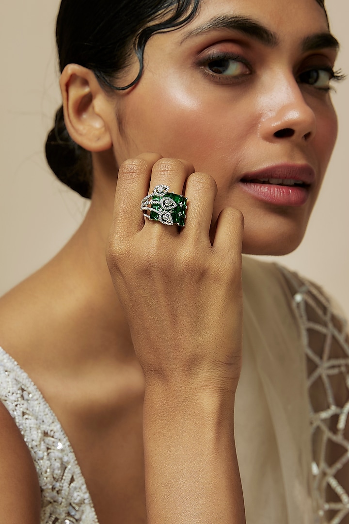 White Rhodium Finish Diamond & Emerald Adjustable Ring by CHAOTIQ BY ARTI