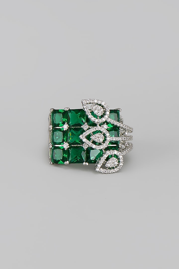 White Rhodium Finish Diamond & Emerald Adjustable Ring by CHAOTIQ BY ARTI at Pernia's Pop Up Shop