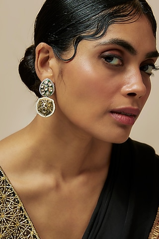 Gold Finish Kundan Polki & Pearl Meenakari Dangler Earrings by CHAOTIQ BY ARTI