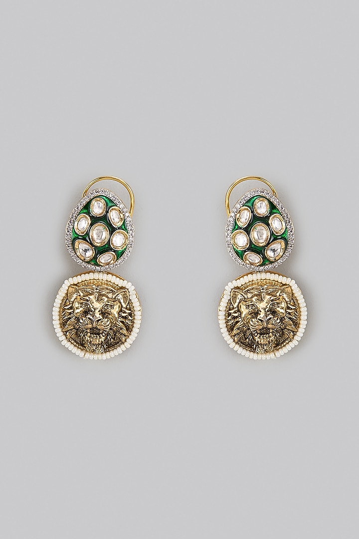 Gold Finish Kundan Polki & Pearl Meenakari Dangler Earrings by CHAOTIQ BY ARTI at Pernia's Pop Up Shop