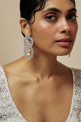 White Rhodium Finish Diamond Dangler Earrings by CHAOTIQ BY ARTI