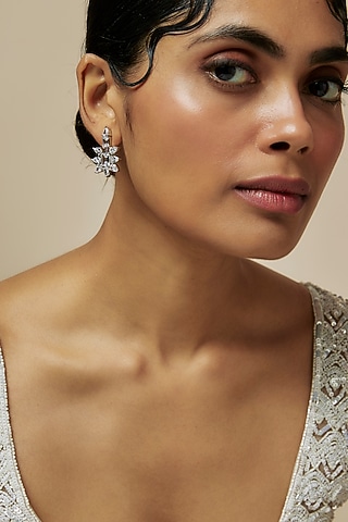 White Rhodium Finish American Diamond Dangler Earrings by CHAOTIQ BY ARTI