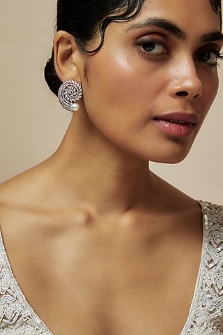 White Rhodium Finish American Diamond Stud Earrings by CHAOTIQ BY ARTI