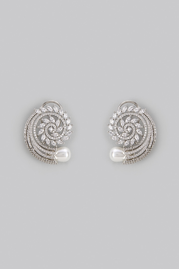 White Rhodium Finish American Diamond Stud Earrings by CHAOTIQ BY ARTI at Pernia's Pop Up Shop