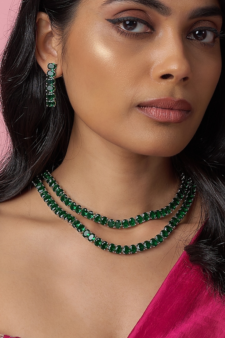 White Rhodium Finish Diamond & Emerald Layered Necklace Set by CHAOTIQ BY ARTI