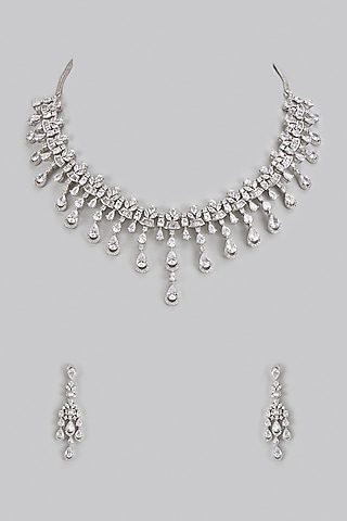 White Rhodium Finish American Diamond Necklace Set by CHAOTIQ BY ARTI