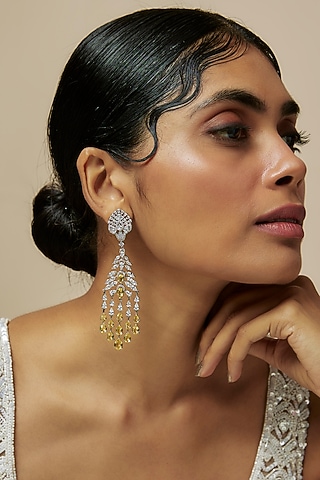 White Rhodium Finish Diamond & Yellow Stone Dangler Earrings by CHAOTIQ BY ARTI