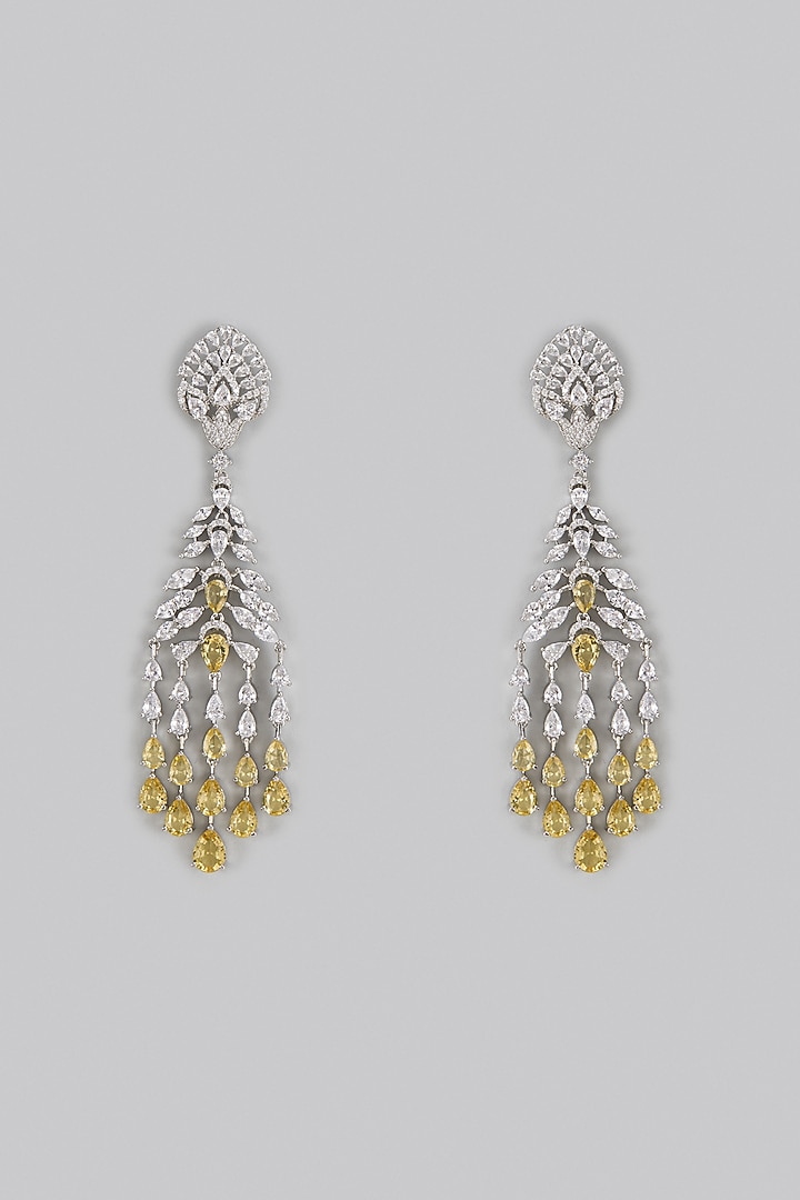 White Rhodium Finish Diamond & Yellow Stone Dangler Earrings by CHAOTIQ BY ARTI at Pernia's Pop Up Shop