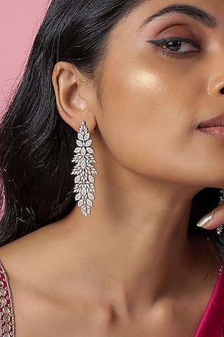 White Rhodium Finish American Diamond Dangler Earrings by CHAOTIQ BY ARTI