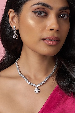 White Rhodium Finish American Diamond Necklace Set by CHAOTIQ BY ARTI