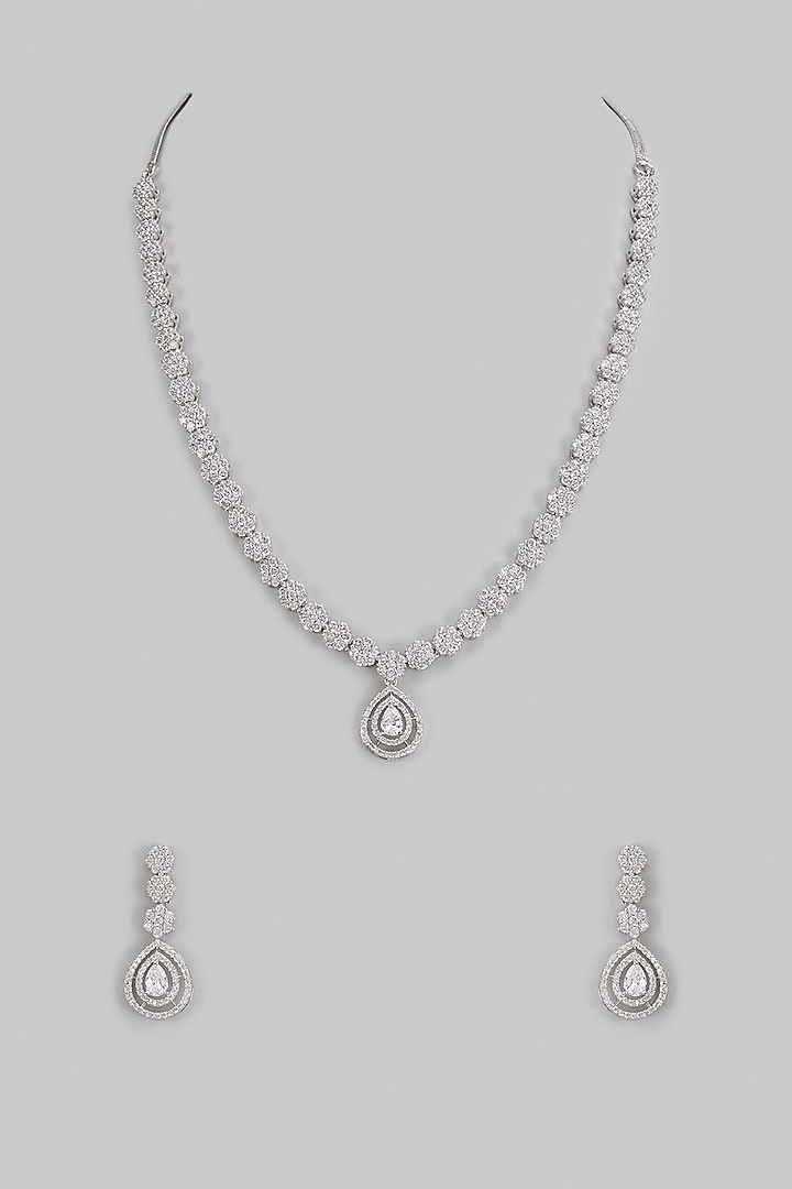 White Rhodium Finish American Diamond Necklace Set by CHAOTIQ BY ARTI at Pernia's Pop Up Shop