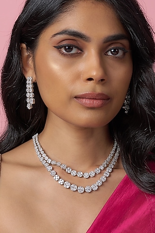 White Rhodium Finish American Diamond Layered Necklace Set by CHAOTIQ BY ARTI