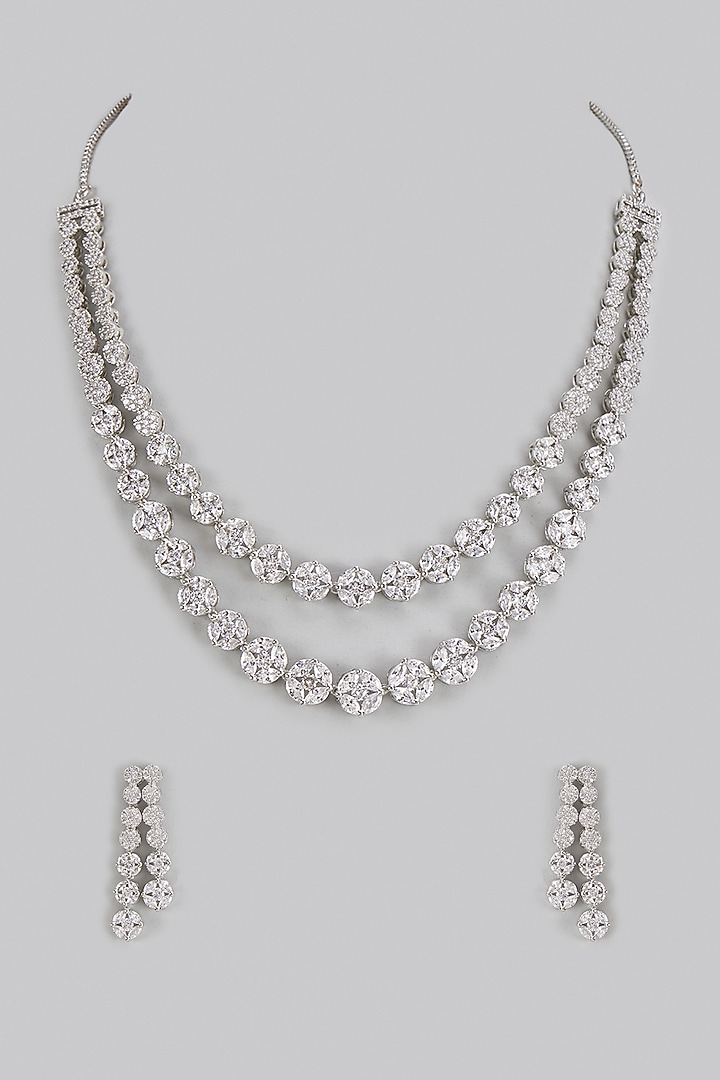 White Rhodium Finish American Diamond Layered Necklace Set by CHAOTIQ BY ARTI at Pernia's Pop Up Shop