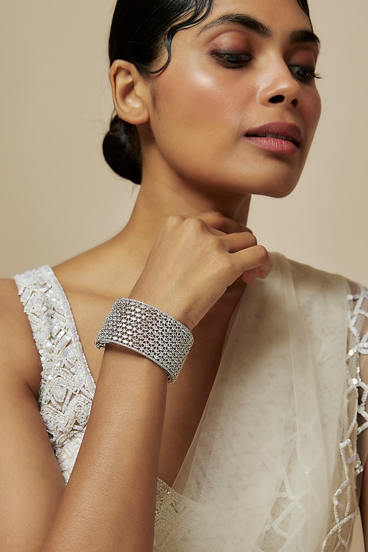 White Rhodium Finish Diamond Openable Bracelet by CHAOTIQ BY ARTI