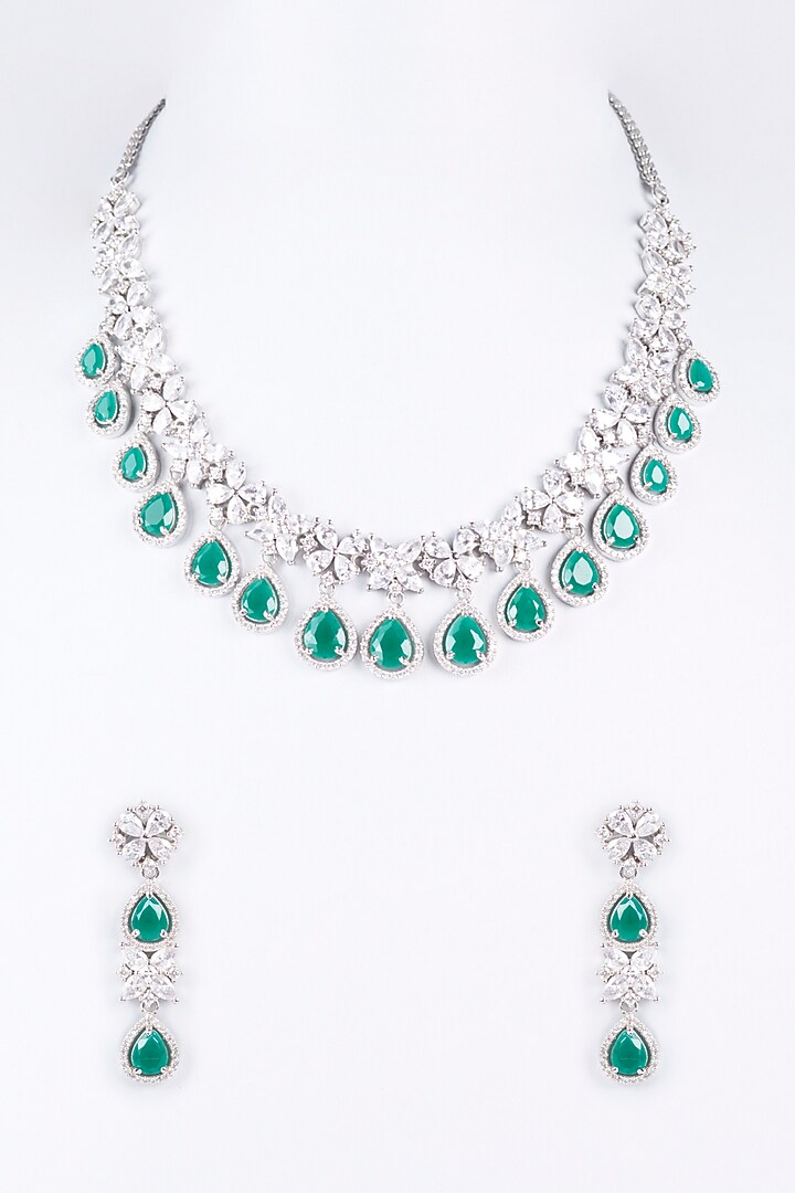 White Rhodium Finish American Diamond Necklace Set by CHAOTIQ BY ARTI at Pernia's Pop Up Shop
