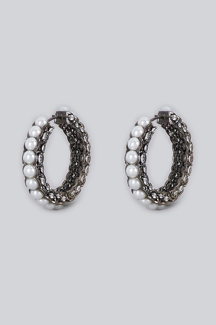 Black Rhodium Finish Oxidized Pearl Earrings by CHAOTIQ BY ARTI