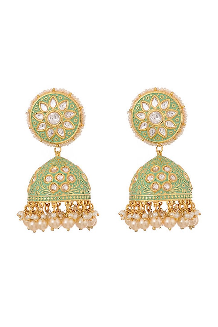 Gold Finish Meenakari Jhumka Earrings by CHAOTIQ BY ARTI at Pernia's Pop Up Shop