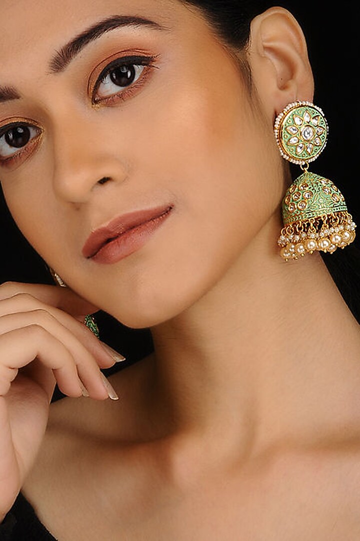 Gold Finish Meenakari Jhumka Earrings by CHAOTIQ BY ARTI at Pernia's Pop Up Shop