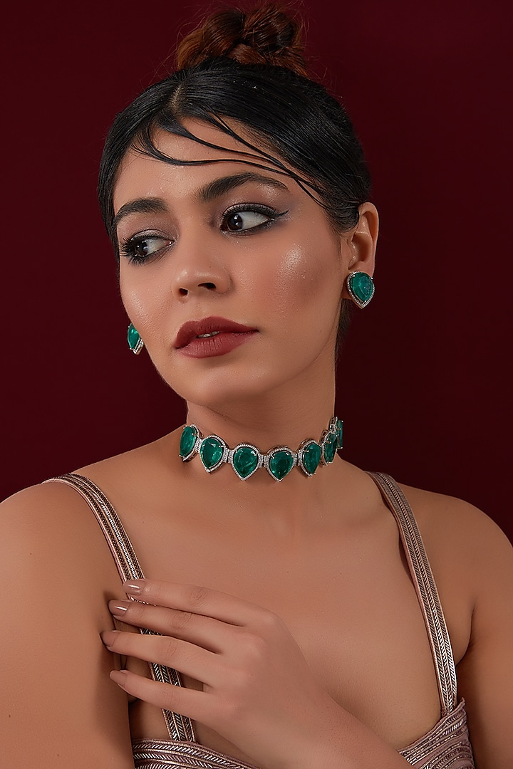 White Rhodium Finish American Diamond & Emerald Synthetic Stone Choker Necklace Set by CHAOTIQ BY ARTI at Pernia's Pop Up Shop